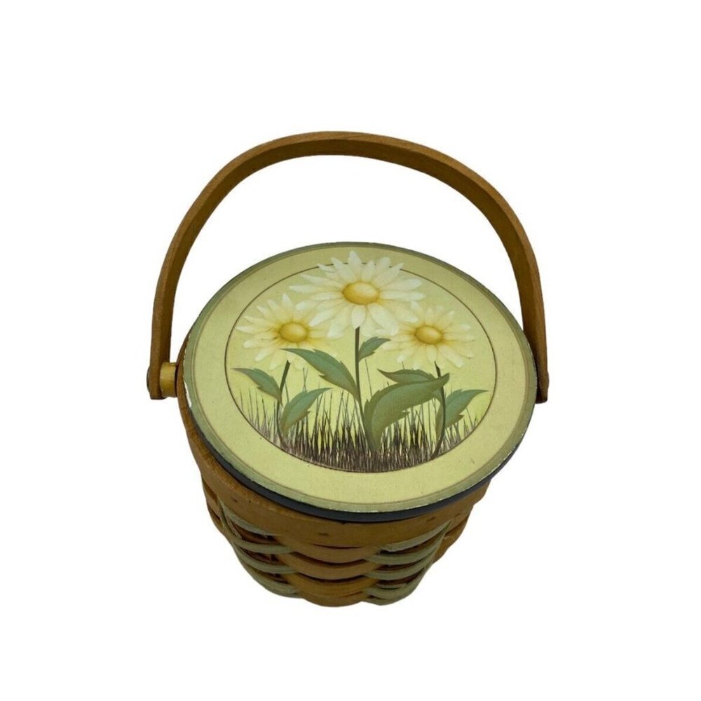 Sunflower Basket 3.75”x4.5” Handle Hinged Lid Woven Round Yellow Trinket Holder